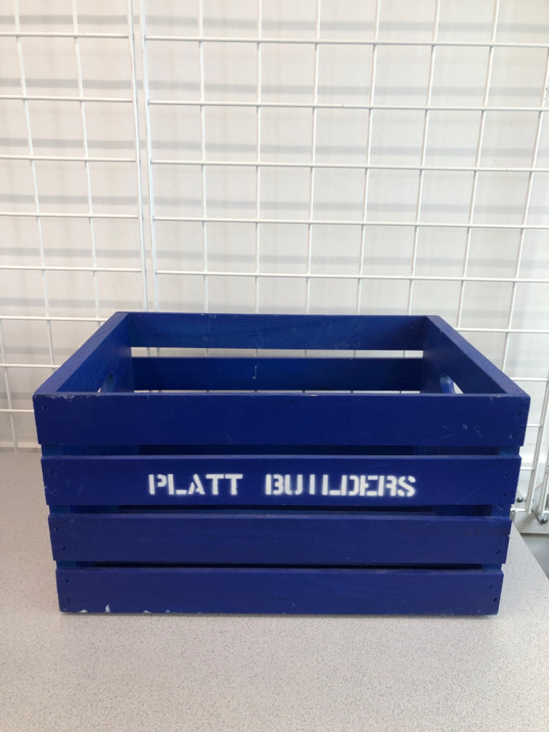 BLUE WOODEN CRATE.