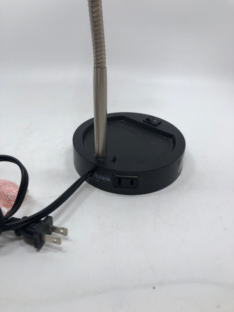 LED BLACK PLASTIC DESK LAMP W/OUTLET PORT.