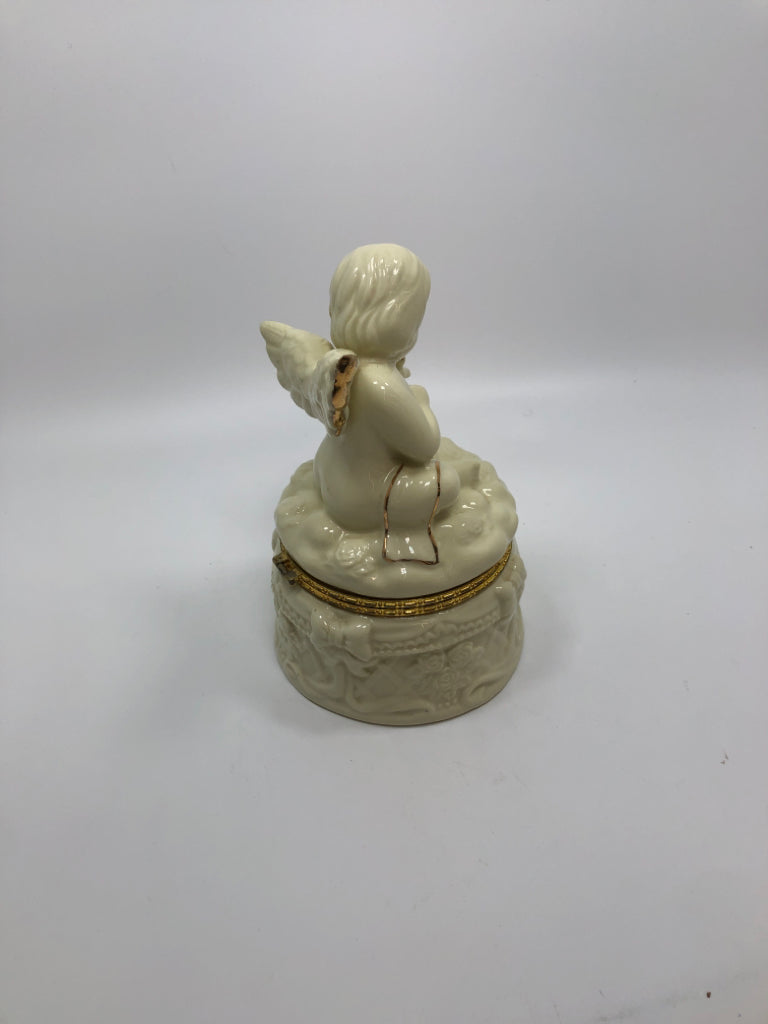 PORCELAIN ANGEL BOX W/GOLD TRIM.