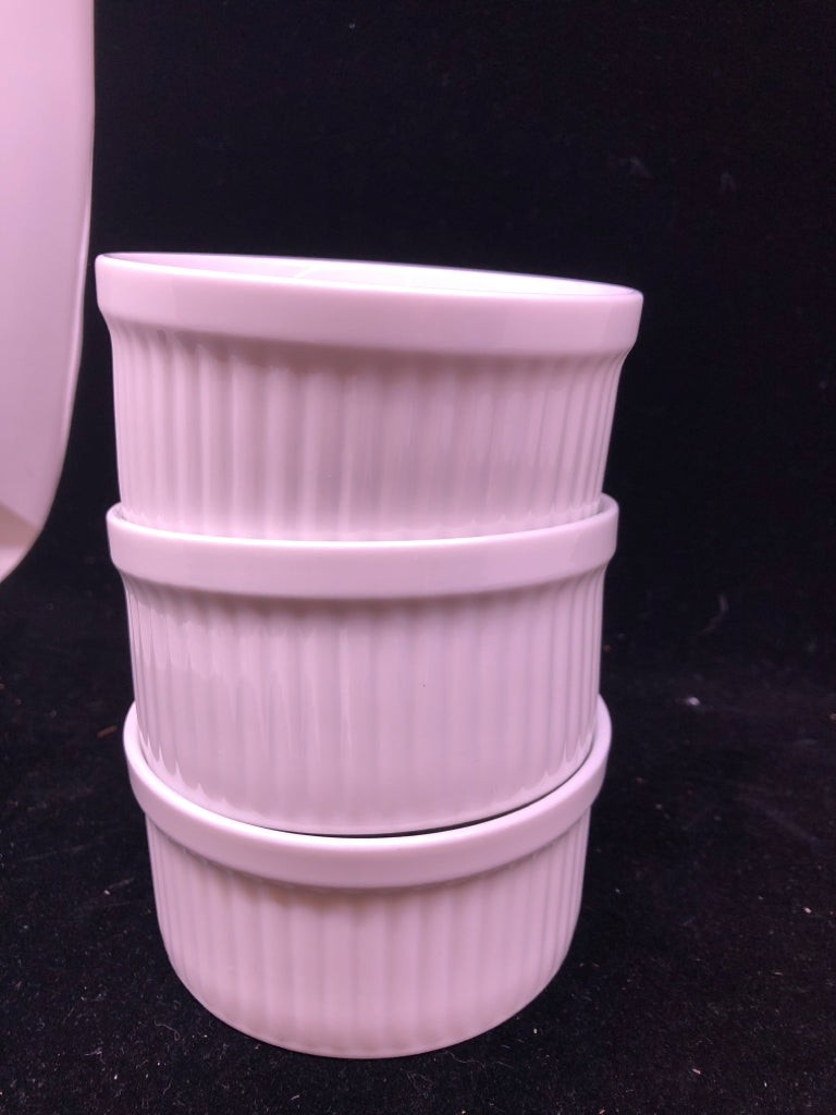3 WHITE SMALL BAKING DISHES.