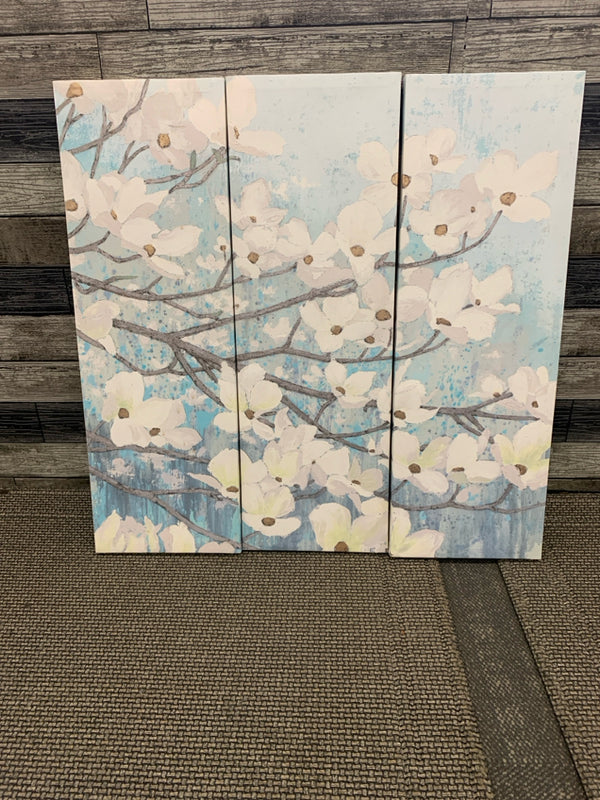 3PC WHITE FLOWERS ON A TREE W/ BLUE BACKGROUND CANVAS WALL ART.