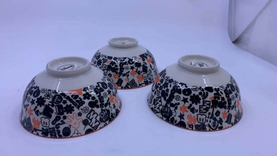 3 SMALL MICKEY MOUSE SCRIPT BOWLS.