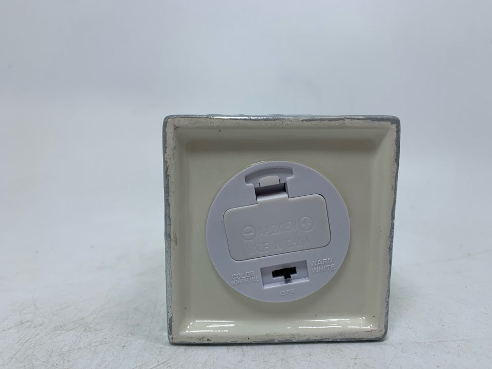 SQUARE PIERCED LIGHT UP CERAMIC ORNAMENT.