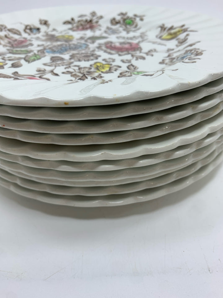 10 VTG STAFFORDSHIRE BOUQUET DESSERT PLATES.