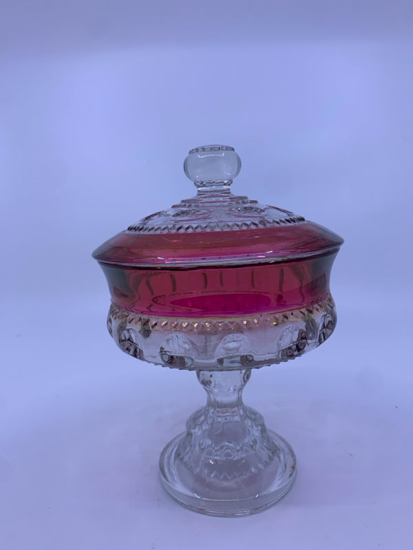 VTG CLEAR AND PINK GLASS FOOTED CANDY DISH W LID.