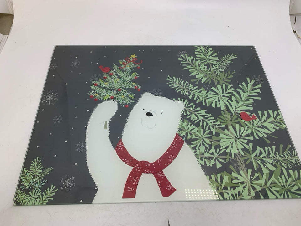 POLAR BEAR HOLDING CHRISTMAS TREE GLASS CUTTING BOARD.