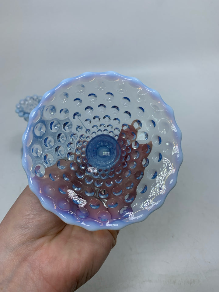 2 VTG BLUE/WHITE OPALESCENT HOBNAIL TAPERED CANDLE HOLDERS.