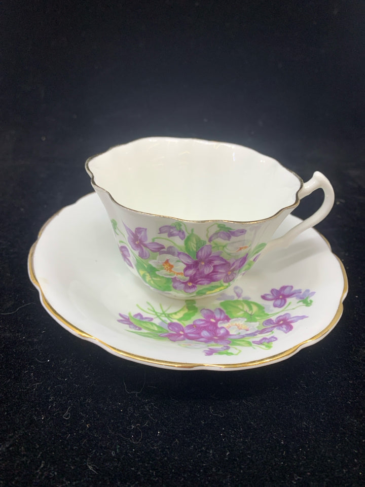 WHITE W/PURPLE FLORAL GOLD ACCENT TEA CUP & SAUCER-VANDERWOOD.