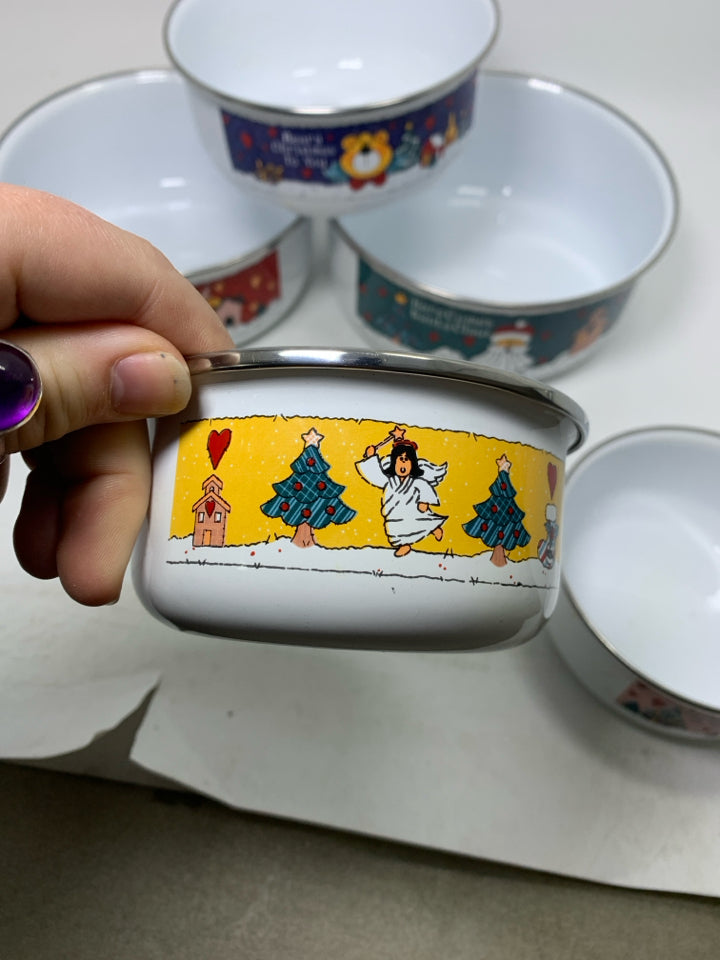 5 NESTING WHITE ENAMEL BOWLS W/ DIFFERENT CHRISTMAS SCENES & LIDS.