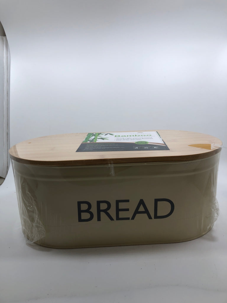 NIP BAMBOO TOP TAN TIN BREAD BOX.