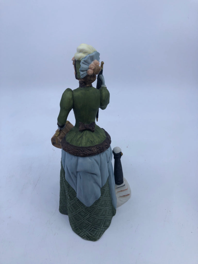WOMAN IN GREEN DRESS W UMBRELLA- AVON 1987 ALBEE AWARD.