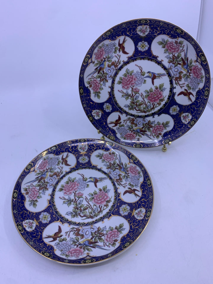 2 ASIAN STYLE PLATES W PINK FLORAL W BIRDS.