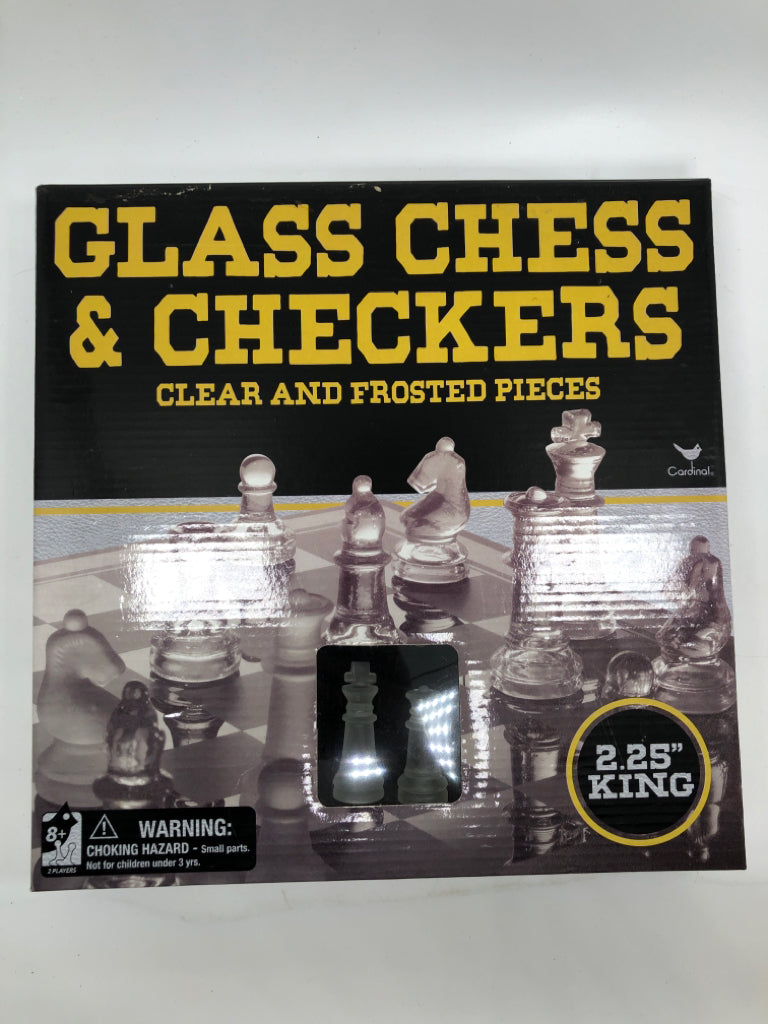NIB GLASS CHESS CHECKERS SET.