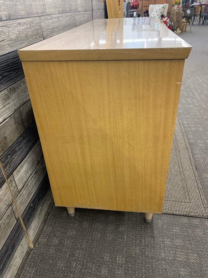 VTG BLONDE DESK W 3 DRAWERS.