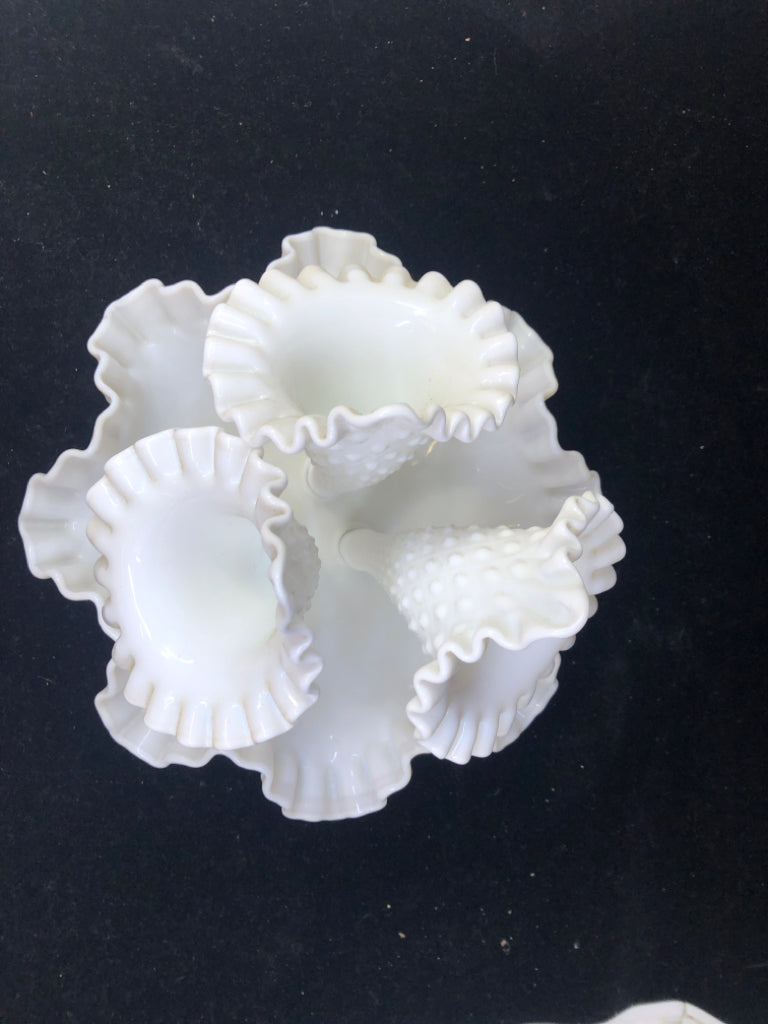 VTG MILK GLASS DIAMOND PATTERN 3PC HORN EPERGNE.