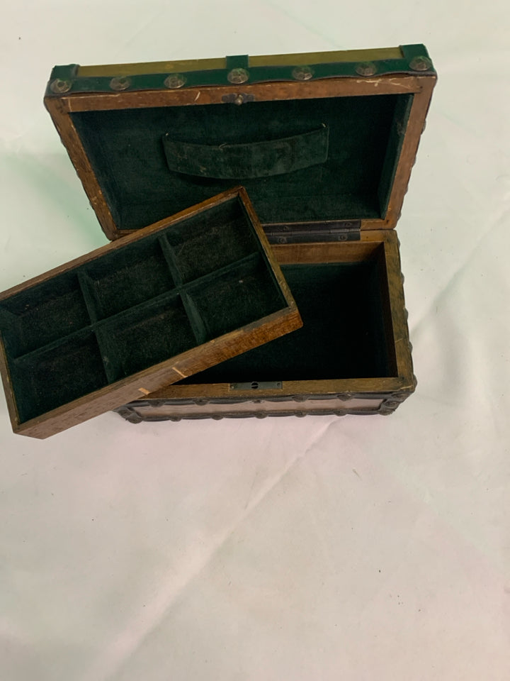 WOOD STUDDED CHEST JEWELRY BOX.