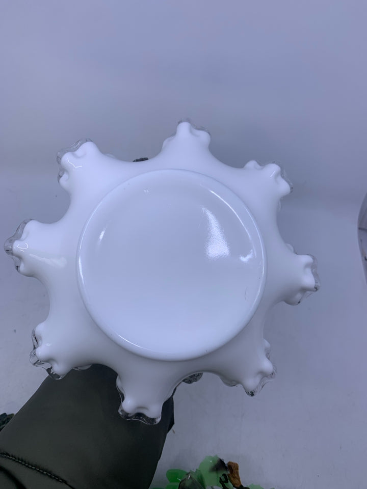 MILK GLASS/CLEAR GLASS BASKET W/ RUFFLED EDGE.