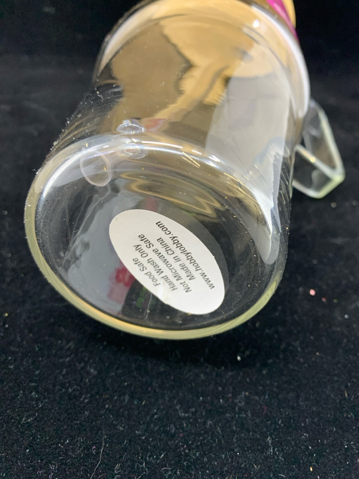 BE HAPPY GLASS WATER BOTTLE FLORAL W/BAMBOO LID, GLASS HANDLE & STRAW.