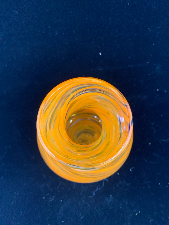 ORANGE & BLACK SWIRL GLASS VASE.