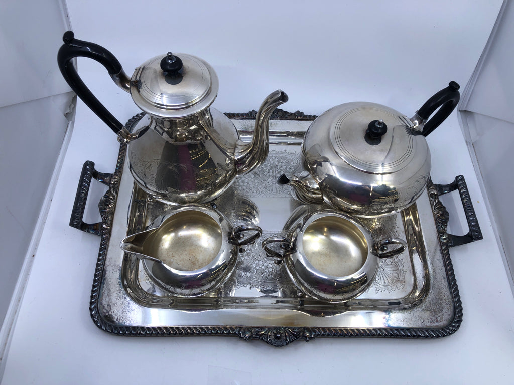 5PC VTG TEA SET- TEAPOT, COFFEE POT, TRAY, CREAM, SUGAR- WM MOUNT.