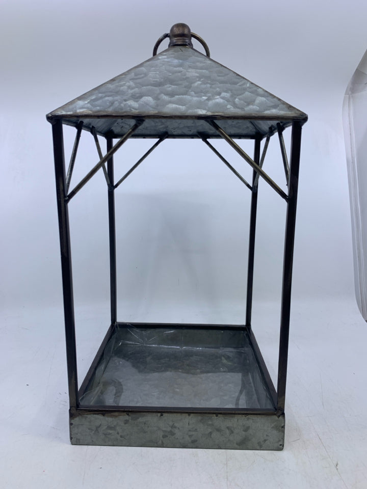 GALVANIZED OPEN FACES LANTERN W/ PLASTIC INSERT.