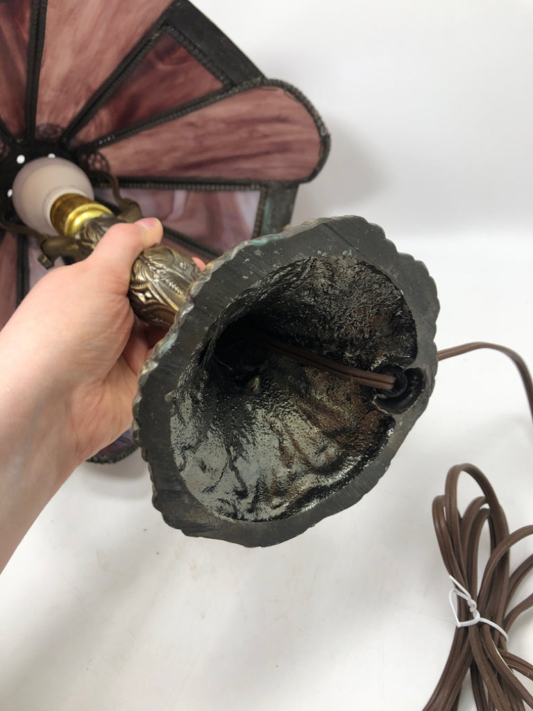 STAINED GLASS LAMP W/GEAR DESIGN + BRASS BASE.