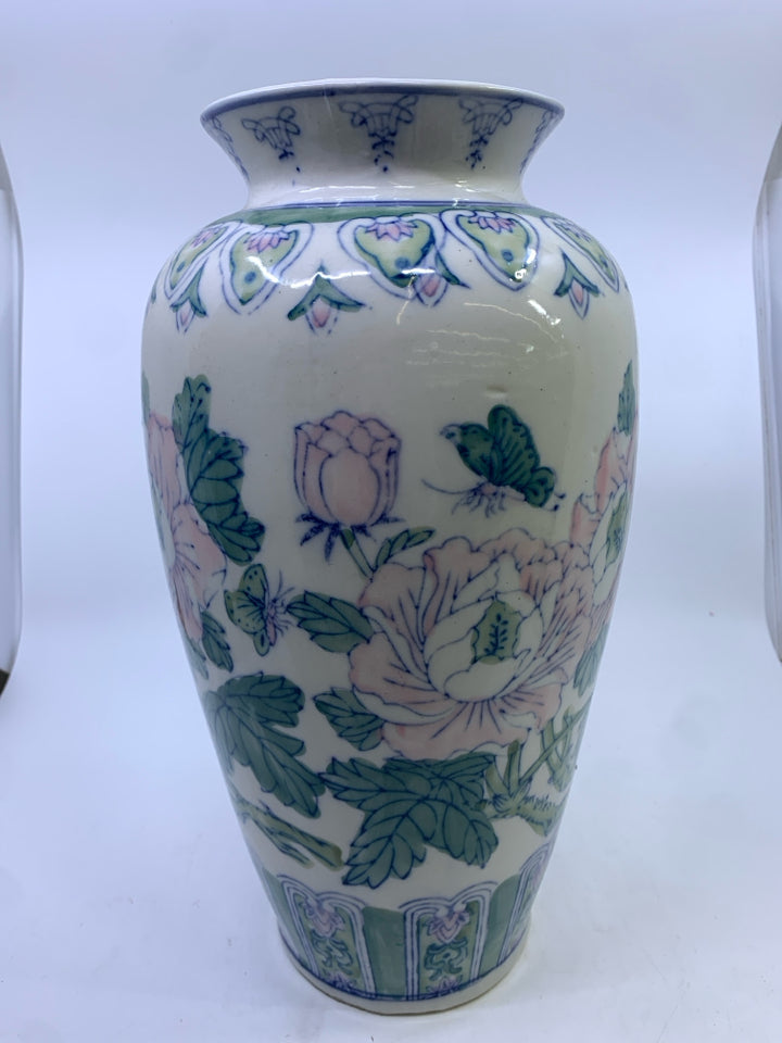LARGE ASIAN STYLE FLOOR VASE W/ PINK FLOWERS GREEN DESIGNS.