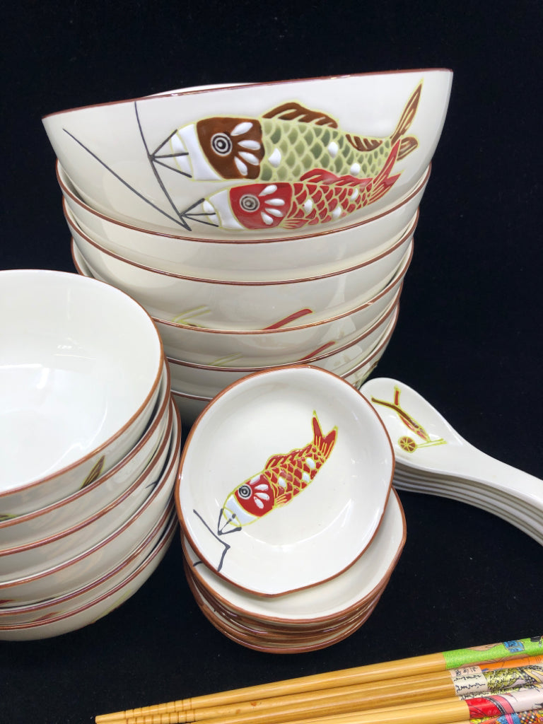 24 PC WHITE FISH PAINTED RAMEN BOWL SET - 6 LARGE BOWLS, 6 SMALL BOWLS, 6 SOY SA