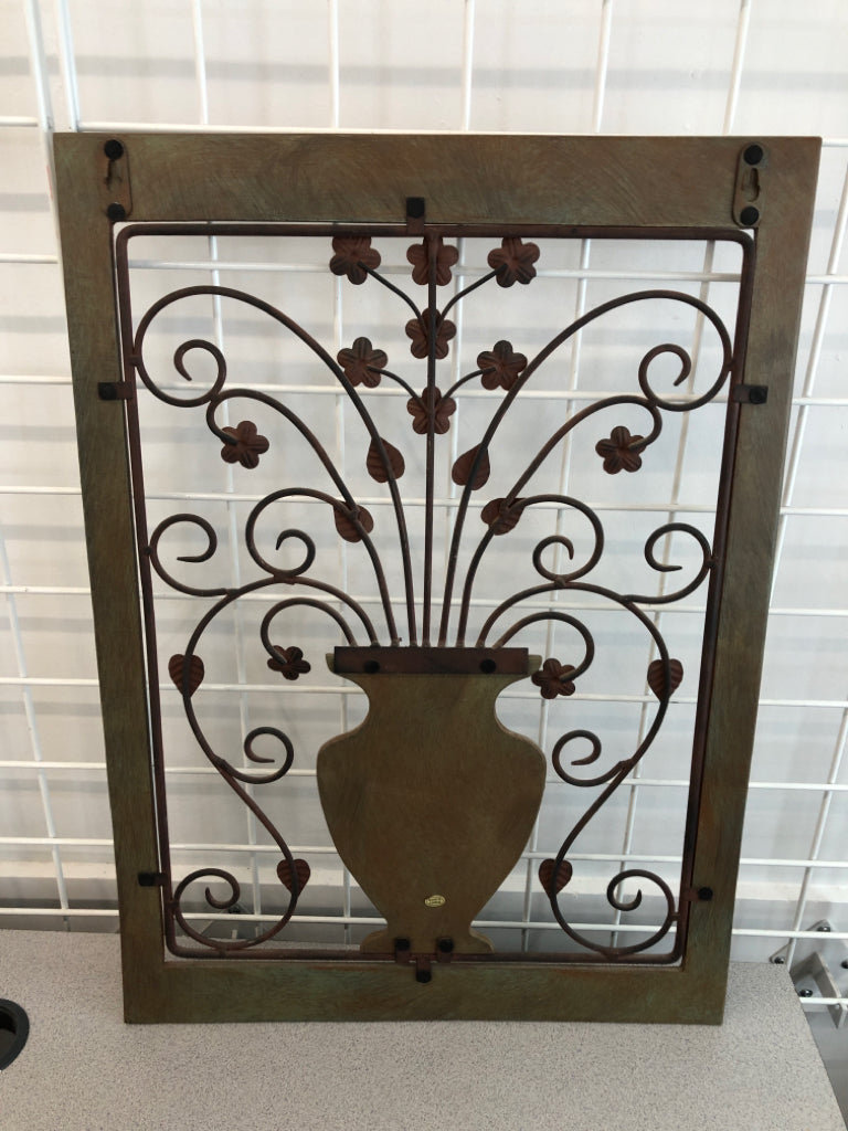 METAL SCROLL FLOWER BOUQUET IN RUSTIC WOOD FRAME.