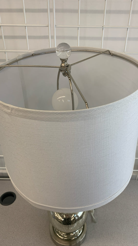 MERCURY GLASS BASE TOUCH LAMP W/WHITE SHADE.