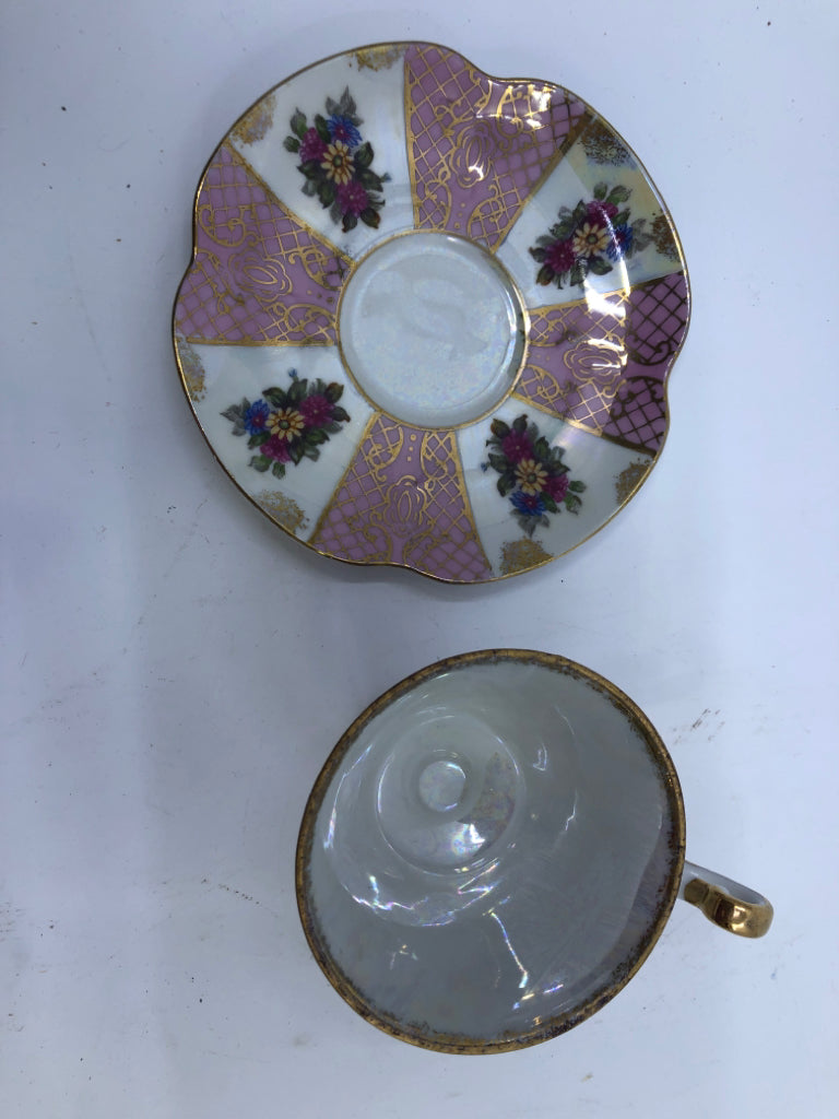VTG PINK W GOLD ACCENTS AND FLOWERS TEACUP AND SAUCER