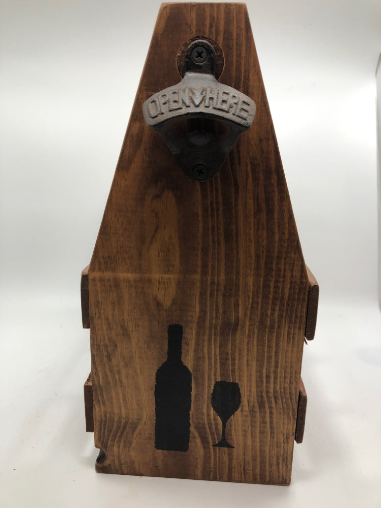 WOOD BOTTLE CRATE W/BOTTLE OPENER.
