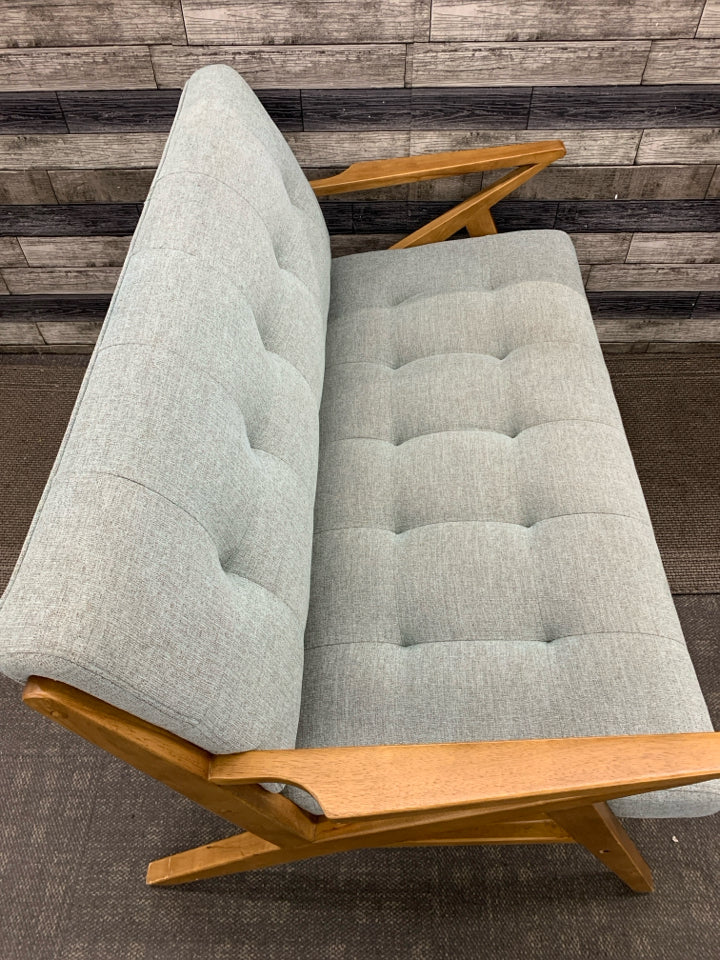 MODERN GRAY LOVE SEAT W/ANGLED ARMS.