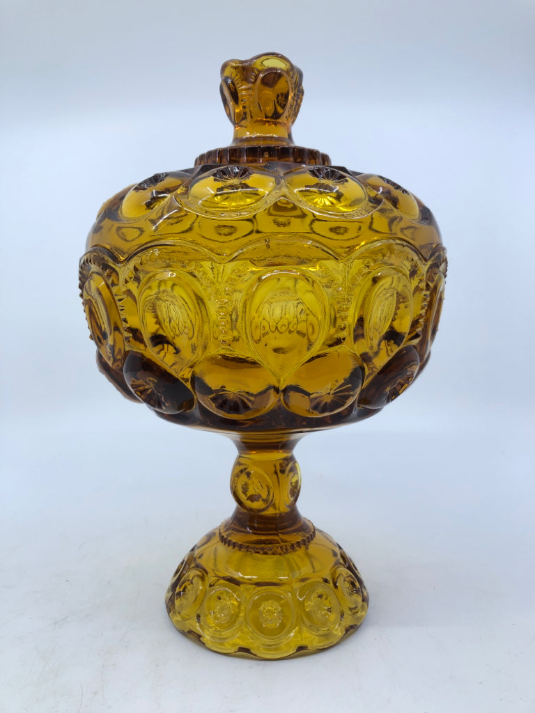 VTG FOOTED AMBER GLASS EMBOSSED CANDY DISH.