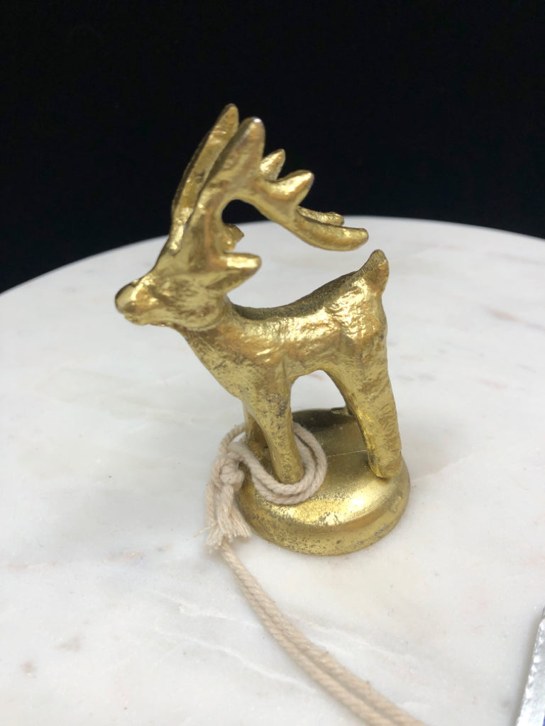 HEAVY MARBLE DESSERT TRAY W/GOLD BASE AND REINDEER TOPPER.