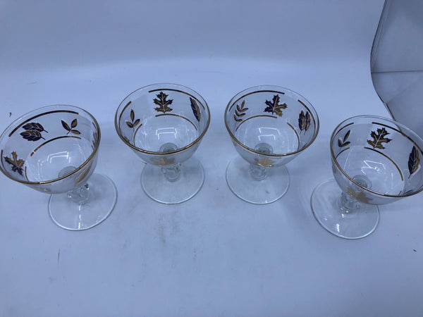 4 VTG GOLD RIMMED FROSTED LEAF SHORT BRANDY GLASSES.