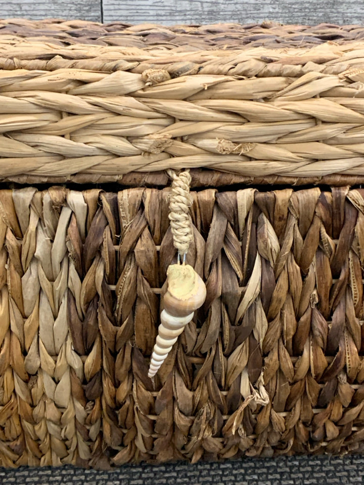 WOVEN STORAGE BASKET W/FLIP LID AND SEASHELL.