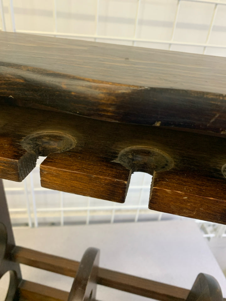 VTG WOOD WINE RACK W/6 BOTTLE HANGING SPOTS.