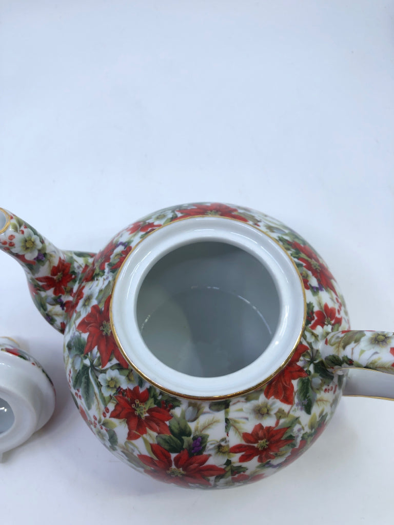 WHITE W/ RED POINSETTIA TEA POT.