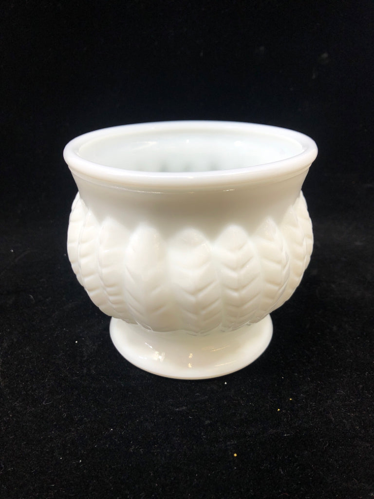 MILK GLASS VASE W/EMBOSSED LEAVES.
