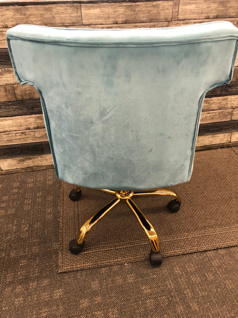 TEAL BLUE VELOUR OFFICE SWIVEL CHAIR W/ GOLD STUDS/LEGS.