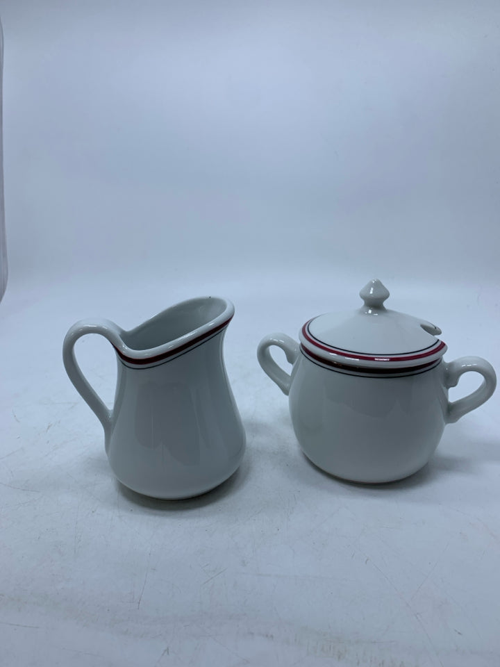 2 PC SUGAR/CREAMER W/ BLACK & RED STRIPE.