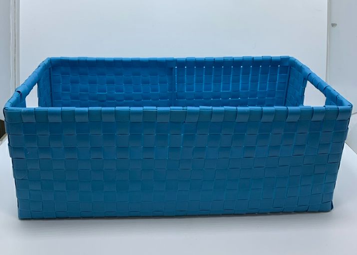 TEAL WOVEN RECTANGLE STORAGE BASKET.