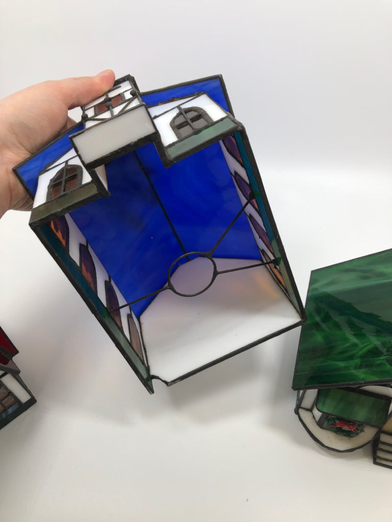 3 PC STAINED GLASS TEA LIGHT CANDLE COVERS-CHURCH, RED ROOF, GREEN ROOF.