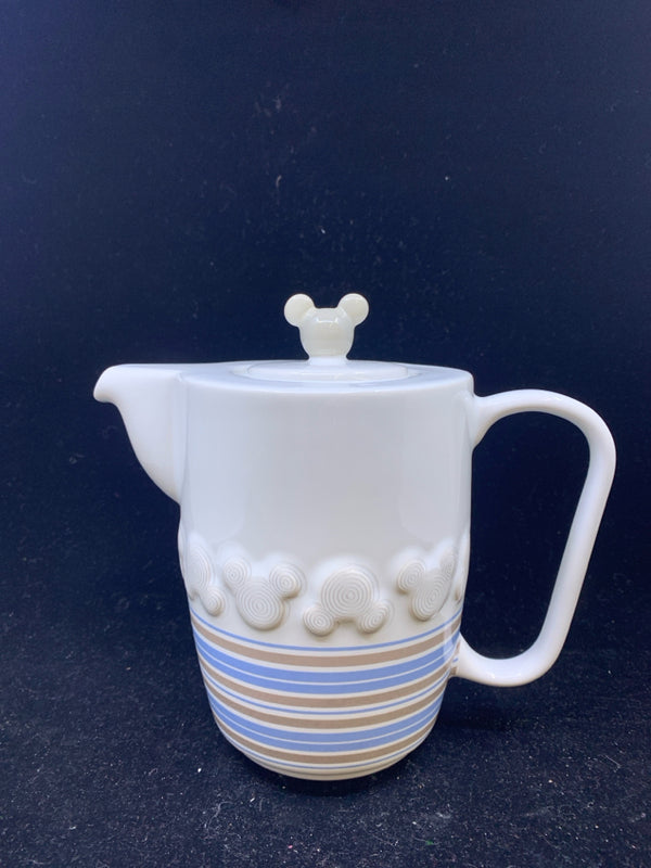 CERAMIC WHITE BLUE AND BROWN MICKEY MOUSE TEA POT.