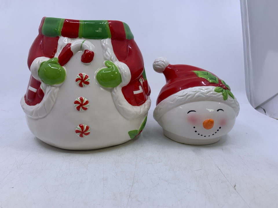 CERAMIC COOKIE JAR SNOWMAN DRESSED AS SANTA.