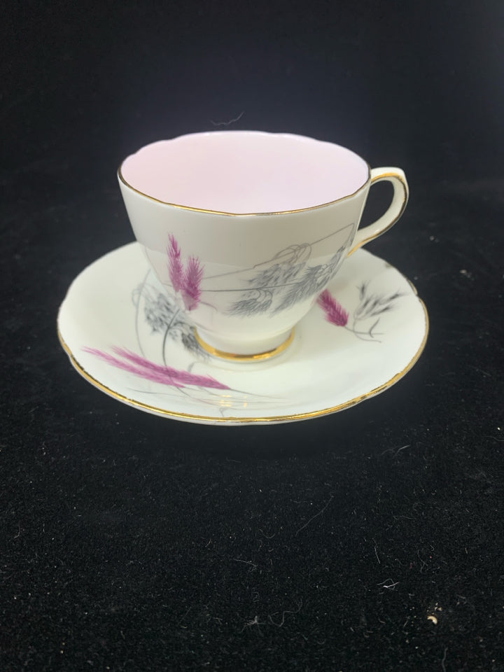 VTG WHITE W/ PINK+BLACK WHEAT & GOLD TRIM DESIGN TEA CUP & SAUCER.