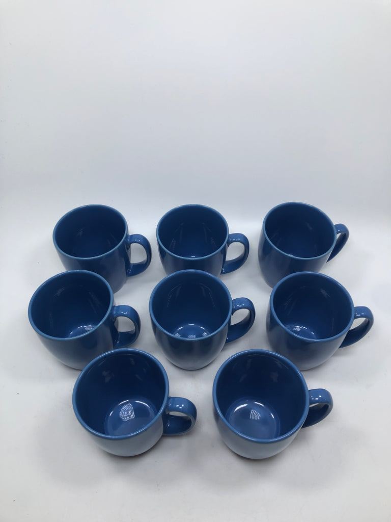 8 BLUE CORELLE MUGS.