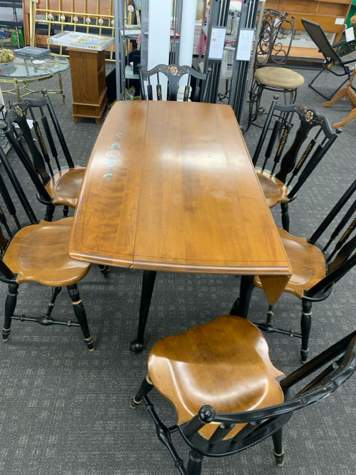 VTG MAPLE/BLACK DROP LEAF DINING TABLE W/ 6 CHAIRS.