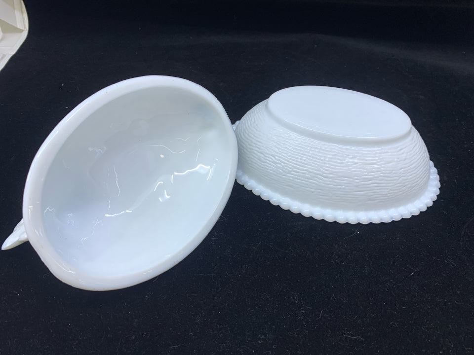 VTG MILK GLASS HEN IN BASKET.